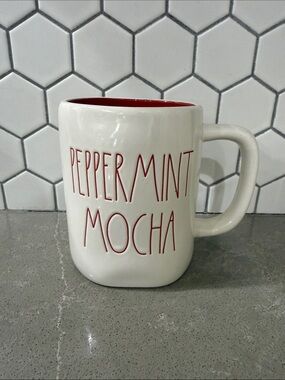 Rae Dunn peppermint mocha mug with red interior